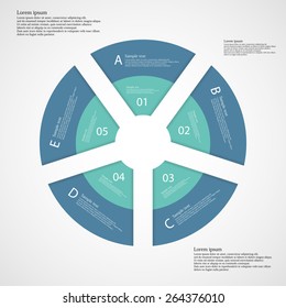 Illustration infographic consists of five rounded parts with different colors which creates ring placed on light background with space for text. Parts are signed by numbers and letters.