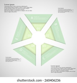 Illustration infographic consists of five separate parts with the same color. Each part consists of two ribbons. Everything is placed on light background.