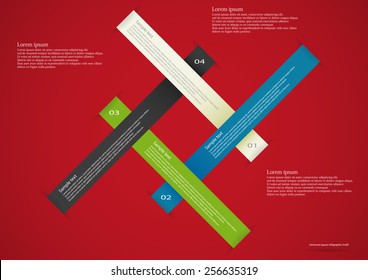 Illustration infographic consists of four color ribbons with long ends placed on red background. Each ribbon has place for own text and number