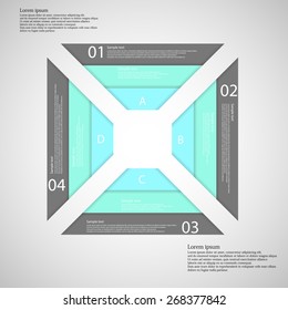 Illustration infographic consists of four parts each with three color ribbons. Each ribbon has space for own text and has unique letter, number or sign.