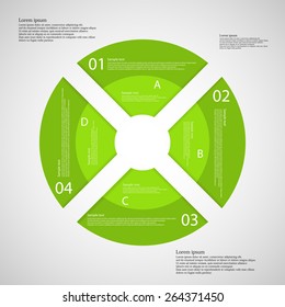 Illustration infographic consists of four rounded parts with different colors which creates ring placed on light background with space for text. Parts are signed by numbers and letters.