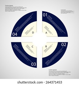 Illustration infographic consists of four rounded parts with different colors which creates ring placed on light background with space for text. Parts are signed by numbers and letters.