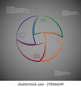 Illustration infographic consists of four separate parts from outlines together with shape of circle. Each part has own simple sign and different color. There is a space for own text.