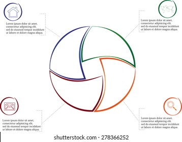 Illustration infographic consists of four separate parts from outlines together with shape of circle. Each part has own simple sign and different color. There is a space for own text.