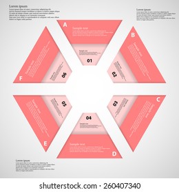 Illustration infographic consists of six separate parts with the same color. Each part consists of two ribbons. Everything is placed on light background.