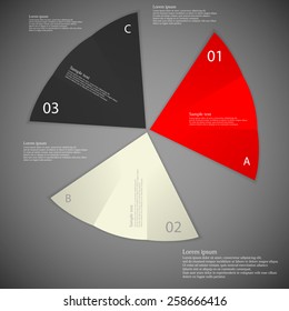 Illustration infographic consists of three color folded paper pieces with space for own text, unique number and letter placed on dark background