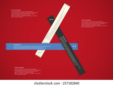 Illustration infographic consists of three long color ribbons in shape of triangle with space for own text and number placed on red background 