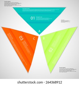 Illustration infographic consists of three paper triangles with different colors and significant folding placed on light background with space for text. Parts are signed by numbers and letters.