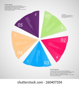 Illustration infographic with five folded paper pieces with different colors, each marked by letter and number placed on light background