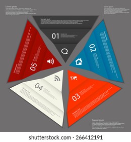 Illustration infographic with five separate folded paper triangle pieces which creates pentagon. Each part is folded and with different color. Each part contain sign, number and letter, space for text