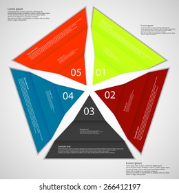Illustration infographic with five separate folded paper triangle pieces which creates pentagon. Each part is folded and with different color. Each part contain sign, number and letter,space for text 