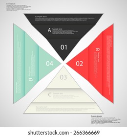 Illustration infographic with four separate folded paper triangle pieces which creates square. Each part is folded and with different color. Each part contain sign, number and letter, space for text.