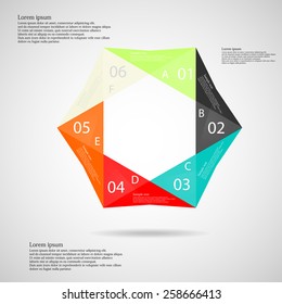 Illustration infographic with hexagon origami motif consists of six color parts with space for own text, number and letter placed on light background