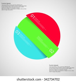 Illustration infographic with motif of askew divided circle to three color parts. Each part has own number, space for text or simple sign. Background is light.