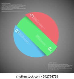 Illustration infographic with motif of askew divided circle to three color parts. Each part has own number, space for text or simple sign. Background is dark.