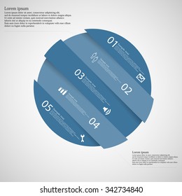 Illustration infographic with motif of askew divided circle to five blue parts. Each part has own number, space for text and simple sign. Background is light.