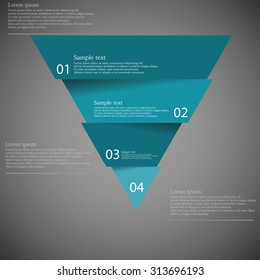 Illustration infographic with motif of blue triangle divided cut to four parts with small shadow. Each part contains unique number and space for own text or other purposes.