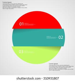 Illustration Infographic With Motif Of Colorful Circle Which Is Divided Cut To Three Parts With Unique Number, Color And Space For Own Customer Text. Background Is Light.