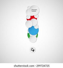 Illustration infographic with motif of exclamation created by several white outlines and filled by color and white 3D rounded items with space for own text. Background is light.