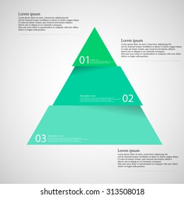 Illustration infographic with motif of green blue triangle divided/cut to three parts with small shadow. Each part contains unique number and space for own text or other purposes.