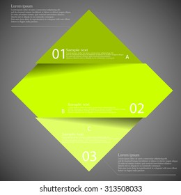 Illustration infographic with motif of green rhombus divided cut to three parts with small shadow. Each part contains unique number and space for own text or other purposes.