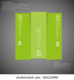 Illustration infographic with motif of green square vertically divided to three parts on dark background. Each part contains simple symbol, unique number and sample text which should be replaced.