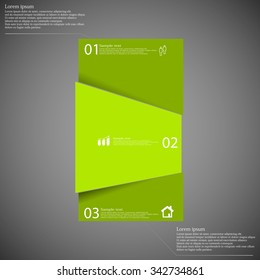 Illustration infographic with motif of randomly divided bar to three green parts. Each part has own number, space for text and simple sign. Background is dark.