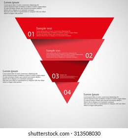 Illustration infographic with motif of red triangle divided cut to four parts with small shadow. Each part contains unique number and space for own text or other purposes.