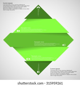 Illustration infographic with motif of rhombus. Rhombus is divided / cut to five separate parts with space for own text and with own shadow. The color is green and background is light.