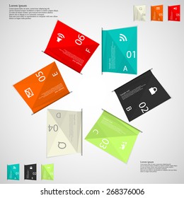 Illustration infographic with motif of six folded paper sheets with different colors, simple sign, space for own text and unique number and letter placed on light background