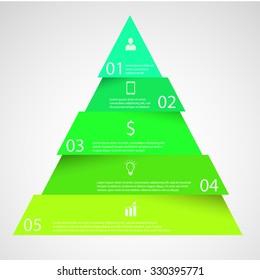 Illustration infographic with motif of triangle divided/cut to five parts with small shadow. Each part contains unique number, icon and space for own text or other purposes.