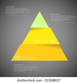 Illustration infographic with motif of yellow triangle divided cut to three parts with small shadow. Each part contains unique number and space for own text or other purposes.