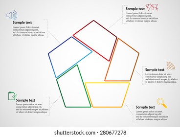 Illustration infographic with pentagon shape consists of five separate color parts created from outlines. Each part has dedicated text and simple sign. Background of picture is light gradient.