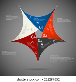 Illustration infographic of pentagon star motif consists of five separate colored parts with individual number and space for own text placed on dark background