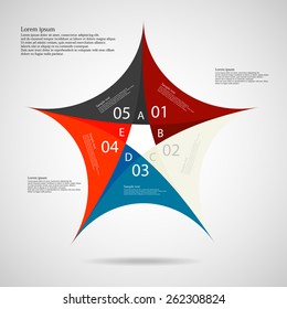 Illustration infographic of pentagon star motif consists of five separate colored parts with individual number and space for own text placed on light background