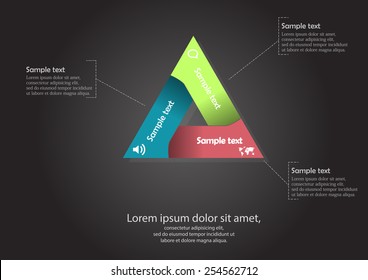 Illustration infographic placed on black background consists of three color parts each with space for own text.
