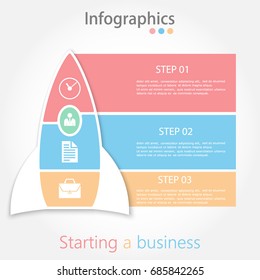 Illustration of the infographic rocket. Three steps. Vector.