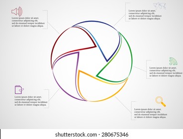Illustration infographic of rounded infographic consists of five separate color parts created from outlines. Each part has dedicated text and simple sign. Background of picture is light gradient.