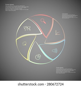 Illustration infographic with rounded shape consists of six separate color parts created from outlines. Each part has dedicated text and simple sign. Background of picture is dark gradient.