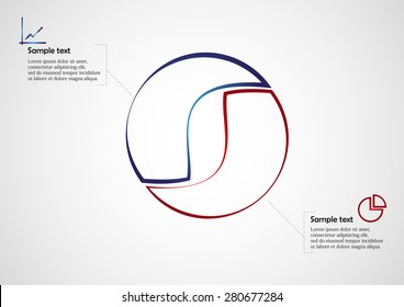 Illustration infographic with rounded shape consists of two separate color parts created from outlines. Each part has dedicated text and simple sign. Background of picture is light gradient.