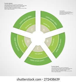 Illustration infographic with rounded shape divided to five separate parts each consists of three color green ribbons with space for own text. Each part is numbered by unique sign.