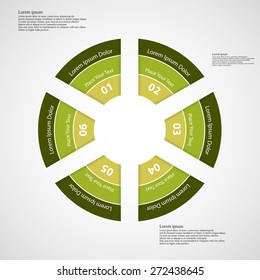 Illustration infographic with rounded shape divided to six separate parts each consists of three color green ribbons with space for own text. Each part is numbered by unique sign.