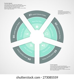 Illustration infographic with rounded shape divided to five separate parts each consists of three color blue ribbons with space for own text. Each part is numbered by unique sign.