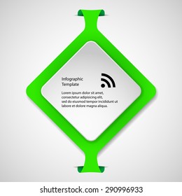 Illustration infographic with a shape of green rhombus with folded corners and second white in front with space for own text. Background is light.