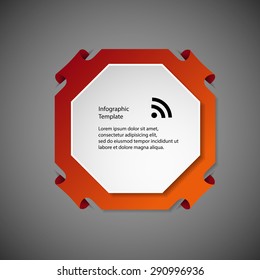 Illustration infographic with a shape of orange octagon with folded corners and second white in front with space for own text. Background is dark.