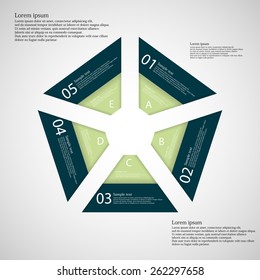 Illustration infographic with shape of pentagon which consists of five parts each from two color ribbons with unique number and letter and space for own text