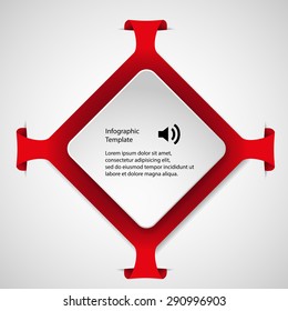 Illustration infographic with a shape of red rhombus with folded corners and second white in front with space for own text. Background is light.