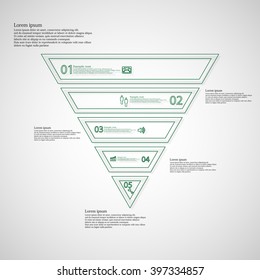 Illustration infographic with shape of triangle which is divided to five green parts created by double outlines on light background. Each part has simple sign, sample text and number.