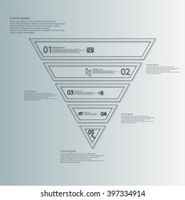 Illustration infographic with shape of triangle which is divided to five black parts created by double outlines on blue background. Each part has simple sign, sample text and number.