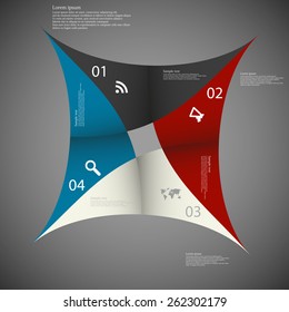 Illustration infographic of square star motif consists of four separate colored parts with individual number and space for own text placed on dark background